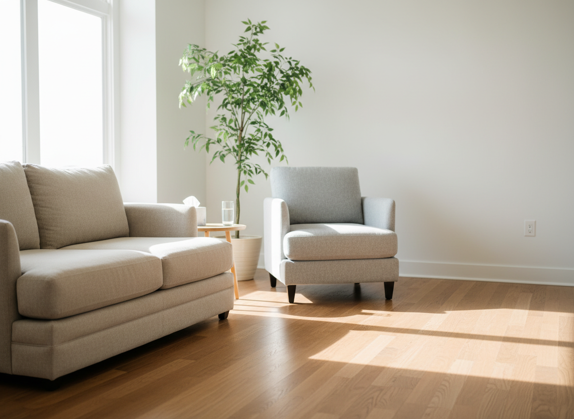 A calm, light-filled psychotherapeutic practice room without any people, featuring a low, soft beige sofa and an adjacent pale gray armchair, both with textured linen upholstery. Between them stands a small, round wooden table with a simple glass of water and a box of fine, cream-colored tissues. Behind, a tall plant with delicate green leaves softens the white wall. Large windows out of frame let in gentle, natural daylight that falls across a warm oak floor, casting very soft shadows. Photographic realism, eye-level composition with a shallow depth of field, creating a serene, safe, and inviting atmosphere that suggests emotional support and professional care without appearing clinical.