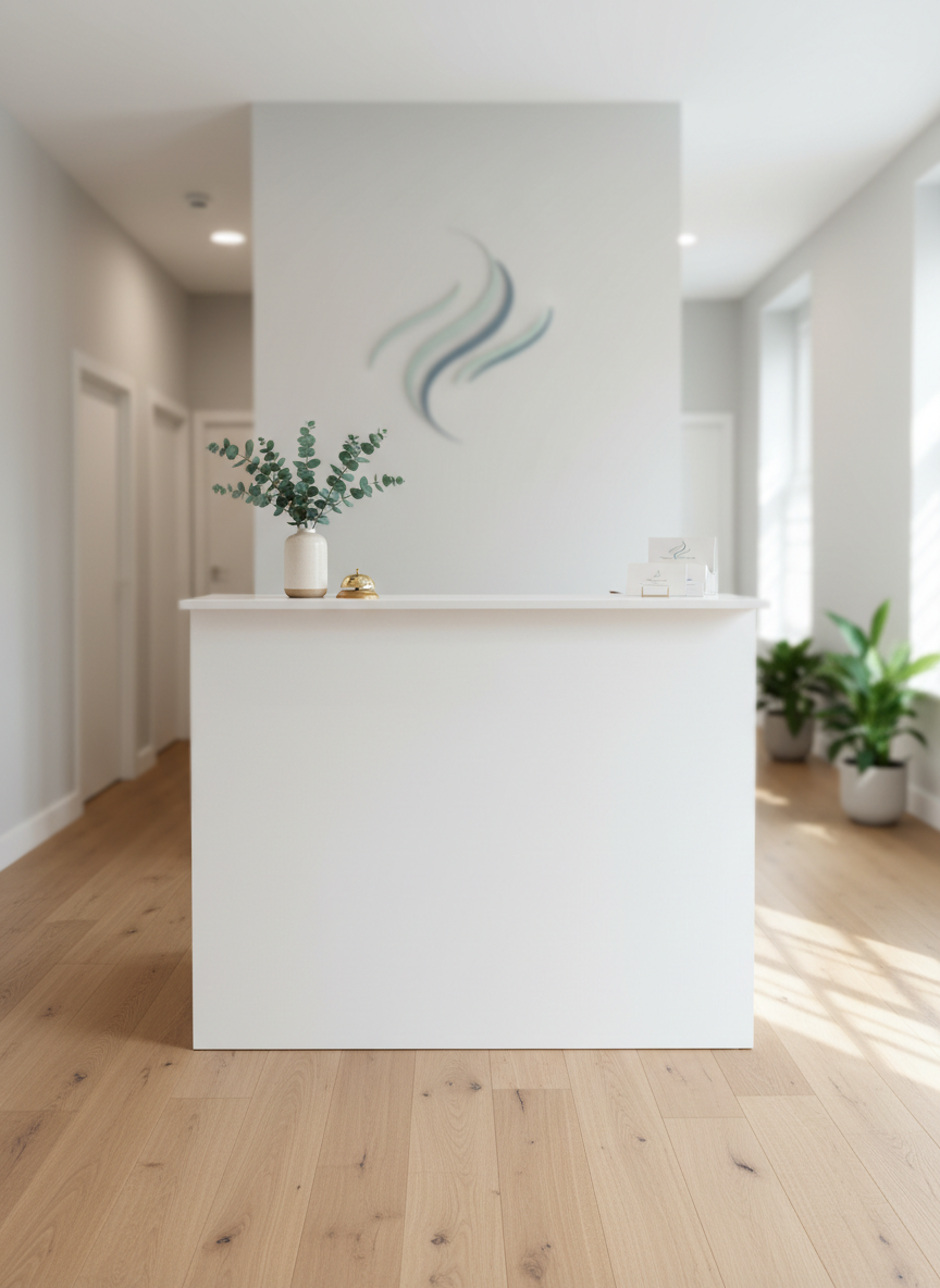 A bright, welcoming entrance area of a psychotherapy practice, photographed in clean, modern realism. A simple, white reception counter with a matte finish stands against a light gray wall, with the practice name suggested as an elegant, blurred logo above. On the counter rests a small, minimalist vase with fresh eucalyptus branches, next to a discreet bell and a neat stack of appointment cards. The floor is light oak, continuing into a softly blurred corridor with closed doors. Diffused natural light from a nearby window illuminates the scene evenly, creating subtle reflections on the counter edge. The composition is frontal and symmetrical, conveying clarity, professionalism, and a friendly, non-intimidating first impression.