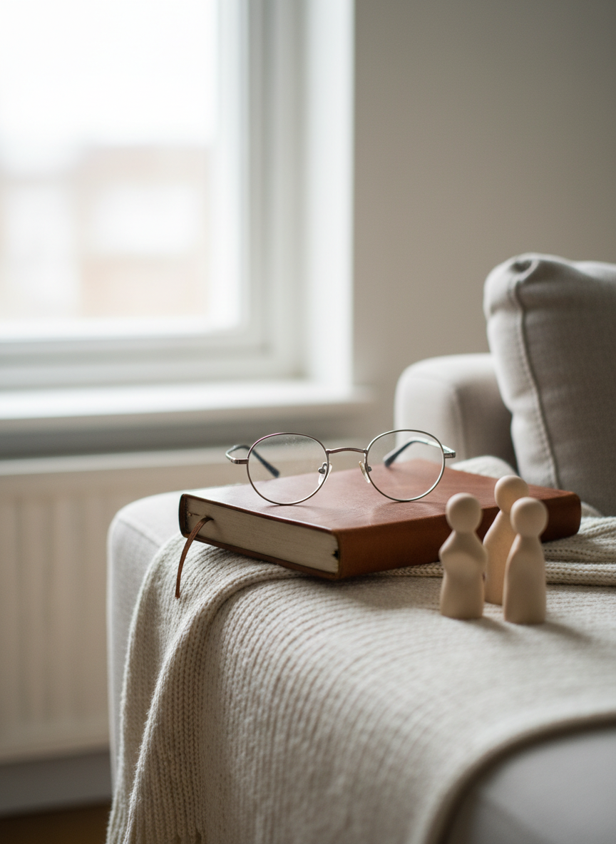 A close-up of therapeutic tools used in analytic work, arranged on a soft, neutral-toned throw blanket draped over a sofa arm, photographed in realistic detail. A pair of classic, round reading glasses with thin metal frames rests atop a slightly worn, leather-bound notebook in warm brown. Beside it lies a set of small, smooth wooden figurines of abstract human forms, unpainted and tactile. The background is softly out of focus, hinting at a bright, calm room. Soft, indirect daylight from a side window creates subtle highlights on the metal frames and leather texture, with gentle shadows lending depth. The overall mood is thoughtful, intimate, and grounded, reflecting careful listening and deep psychological work.