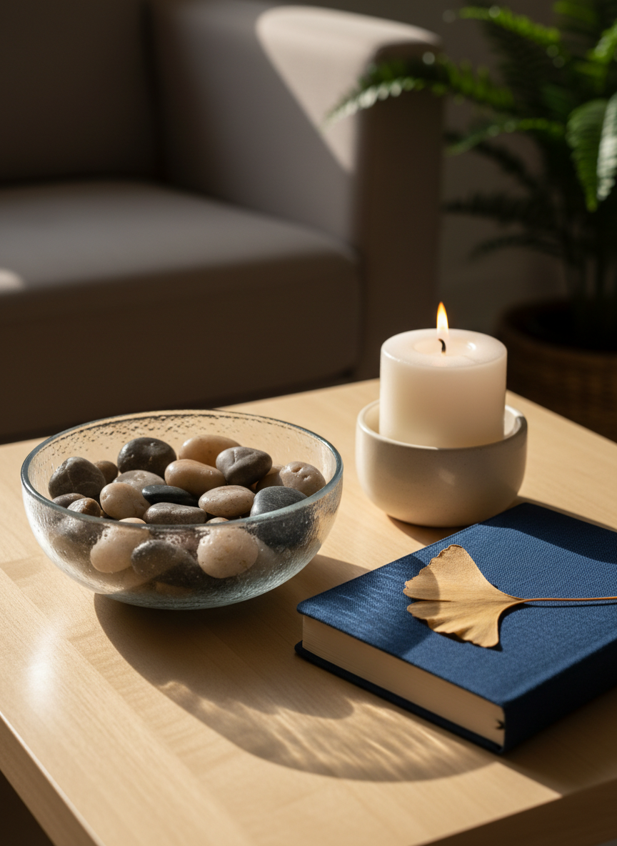 A symbolic still life representing inner psychological processes, arranged on a therapist’s side table in photographic realism. A clear glass bowl filled with smooth, differently sized river stones sits beside a gently flickering candle in a simple white holder. Next to them lies a closed, dark blue journal with a subtle fabric cover and a small, dried ginkgo leaf placed on top. The background is softly blurred, showing a hint of a sofa and a plant. Soft morning daylight from the side meets the warm candlelight, creating nuanced reflections on the glass and stones and casting delicate shadows. Shot from a close, slightly elevated angle, the mood is introspective, hopeful, and quietly transformative, suitable for a psychoanalytic context.